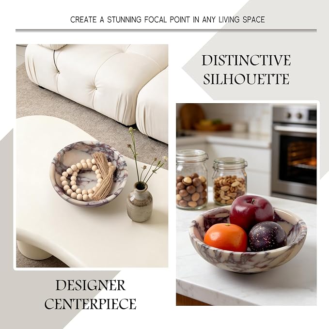 Luxury Natural Marble Fruit Bowl – Large 7.8-Inch Calacatta Viola Marble for Kitchen Counter Fruit Serving Holder, Decorative Snack Dish for Coffee Table, Centerpiece Tray for Home Decor