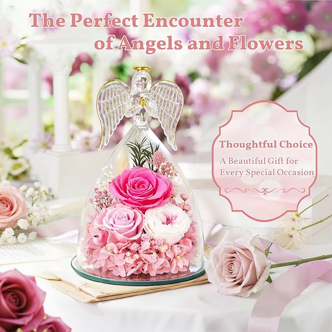 TranquilBliss Gifts for Mom, Flowers for Mother’s Day, Preserved Rose in Glass Dome with Light, Angel Figurines for Her Birthday, Valentine’s Day for Wife, Grandma, Women - Pink