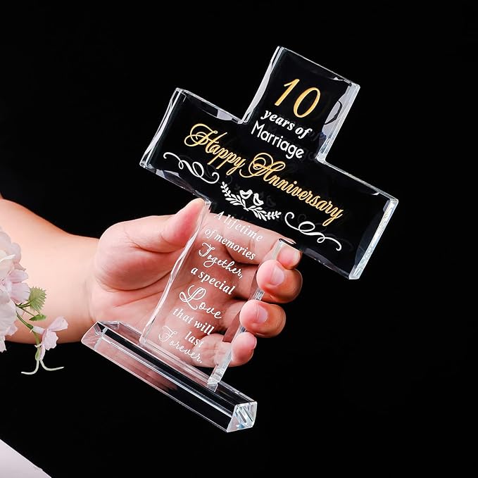 YWHL Happy 10 Year Anniversary Glass Cross Gifts for Wife, 10th Wedding Anniversary Religious Gifts for Couple, Home Party Decoration