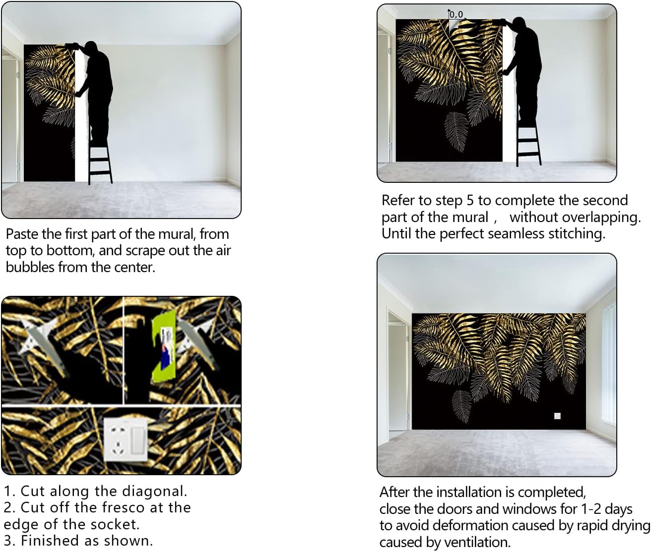 Black and Gold Leaf Mural Bedroom Tropical Botanical Wallpaper Room Plant Decor Living Room tv Background Large Wall Mural - 137"x96" (Not Peel and Stick)