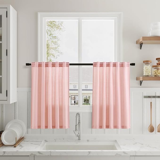 Nanspring Pink Linen Kitchen Curtains 30 Inch Length 2 Pack Semi Sheer Linen Blend Minimalist Light Filtering Short Drapes Back Tab Rod Pocket for Small Windows Cafe Girl Bathroom Laundry 36Wx30L