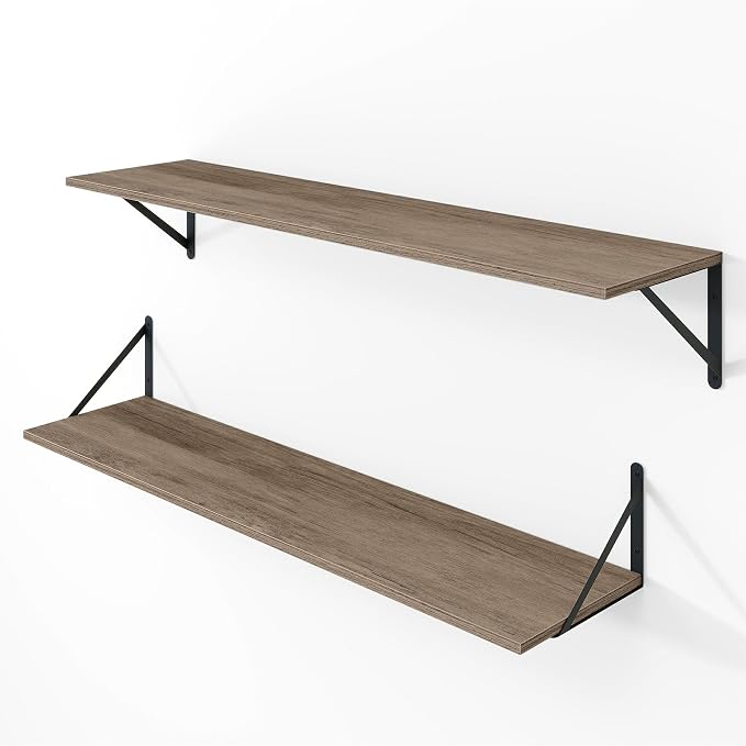 Vivelove Deep Floating Shelves for Wall, 36W x 8D Rustic Grey Wood Wall Shelves Set of 2, Large Floating Shelf for Living Room, Kitchen, Office, Bedroom and Decor Storage, with Metal Bracket - Grey