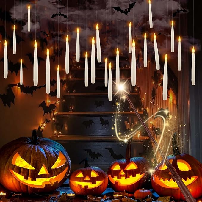 36 Pcs Halloween LED Magic Hanging Floating Candles, Taper Flickering Flameless with 2 Magic Wands - Candle Set for Halloween, Christmas, Weddings, Birthdays & Fantasy Ambiance...