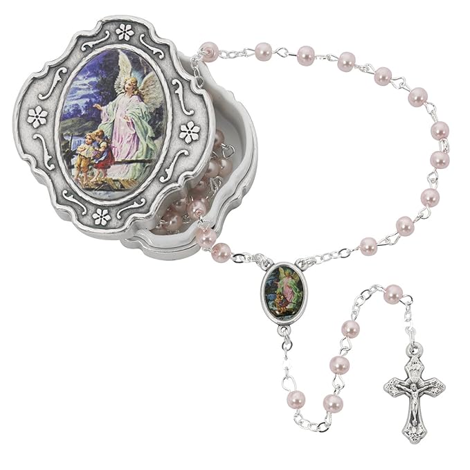 760-91 GUARDIAN ANGEL BOX WITH PINK ROSARY, PERFECT FOR BAPTISM OR CHRISTENING