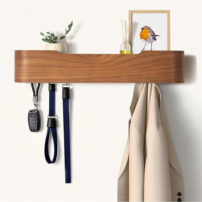 Coat Rack Wall Mount with Hidden Hooks, Wall Hooks with Shelf, Wall Key Holder Mount Wooden Shelf Entryway Hooks for Bedroom Bathroom for Hanging Coats Hats Bags Towels (Walnut, 8 Hooks)