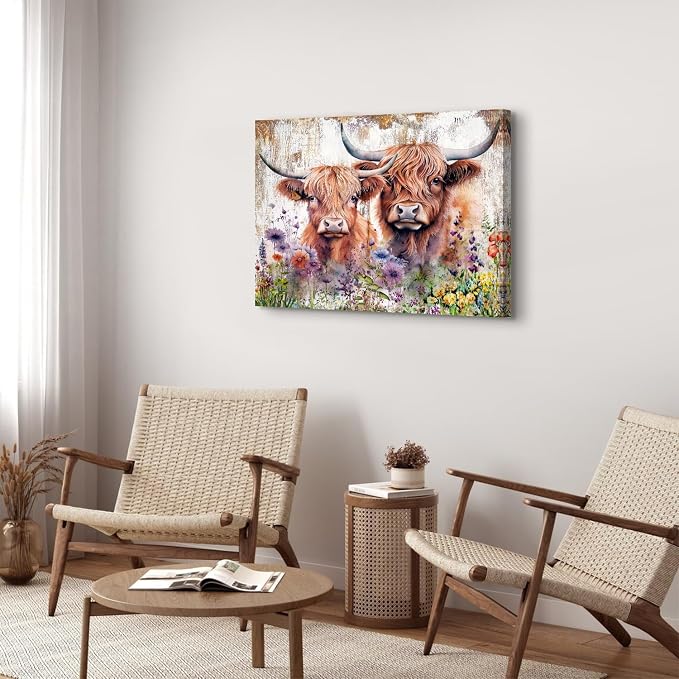 Rustic Highland Cow Wall Decor Watercolor Wildflower Cow Wall Art for Living Room Farmhouse Western Country Cattle Canvas Art Farm Animal Painting Cowboy Artwork Bedroom Bathroom Decoration 24x36"