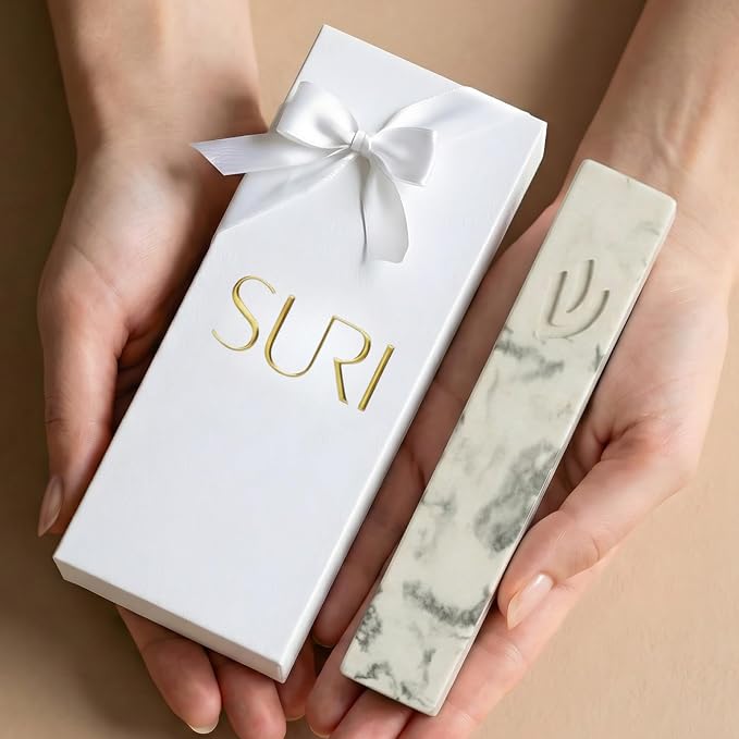SURI Mezuzah for Door – 5 Inch Marble Off-White Concrete Mezuzah Case with Non Kosher Scroll, Self-Stick Jewish Entry Design, Fits a 4 Inch Scroll, Gift Box Included