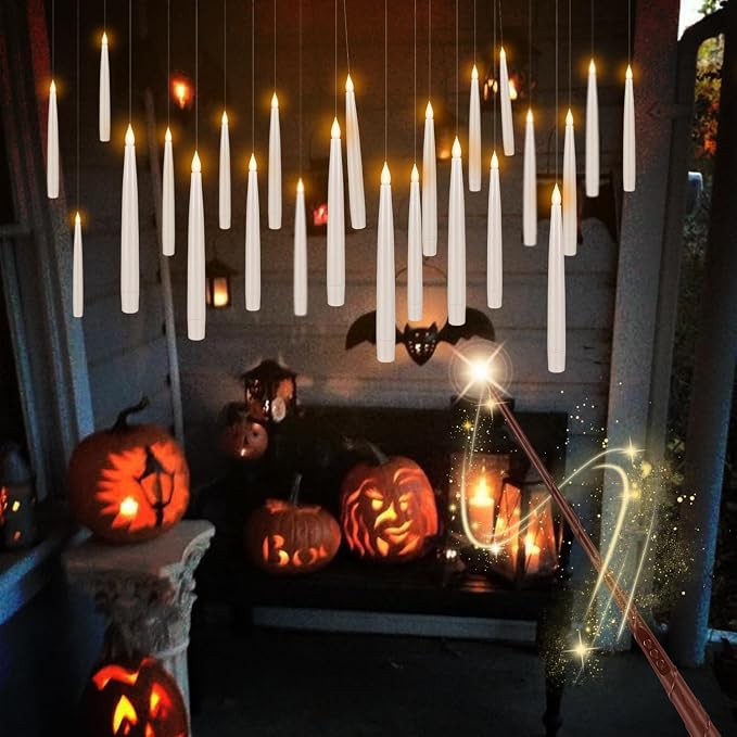 fclayvts 24PCS Floating Candles with Wand Remote,Magic Hanging Taper Candle with String,Flickering Battery Operated Taper Candle with Wand Remote for Halloween Decorations Best Gift(White)
