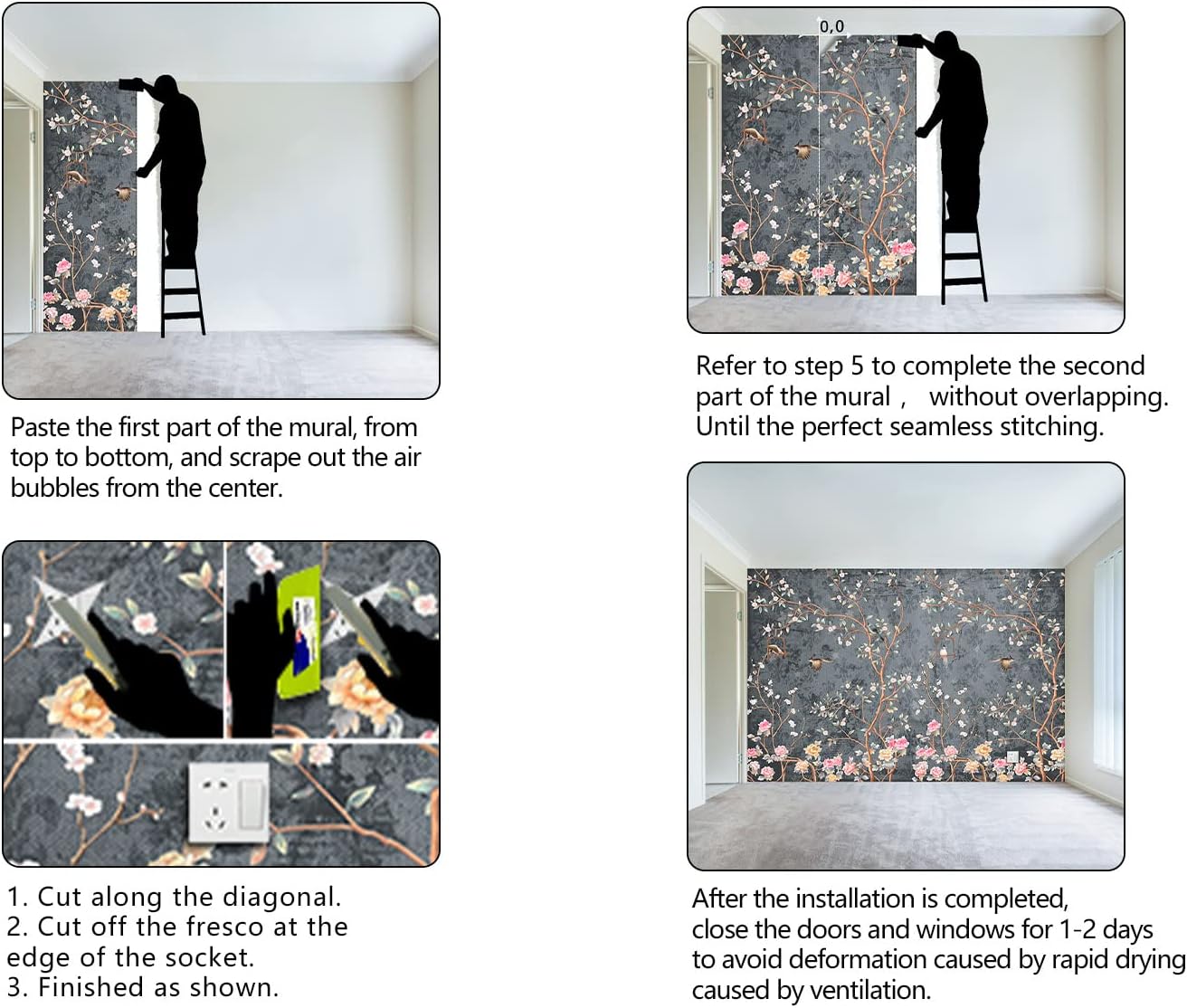 Grey Retro Floral wallpeper Living Room Bedroom Chinese Style Flower Bird Wall Mural - 91"x65"(Not Peel and Stick)