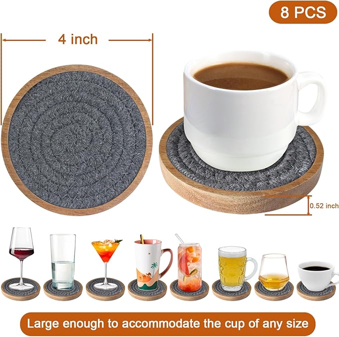 Eykao Coasters for Drinks Absorbent Sets of 8, Woven Coasters with Holder, Wood Coasters for Coffee Table, Housewarming Gift for Farmhouse Home Decor, 4 inches Gray