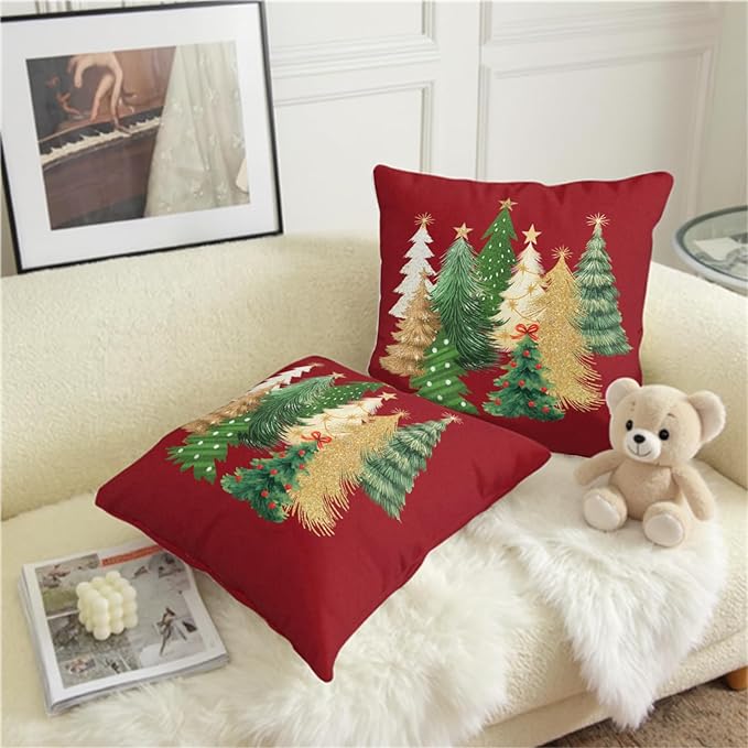 Red Christmas Pillow Covers 16x16 Set of 2 Gold Green Xmas Tree Pillow Case Winter Holiday Throw Pillow Covers Double Sided Printing Decorative Cushion Case for Couch Sofa