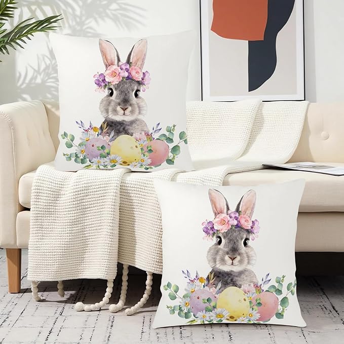 Lovely Bunny Throw Pillow Covers Spring Easter Pillow Covers Daisy Floral Colorful Easter Eggs Pillow Cases 22x22 Set of 2 Watercolor Rabbit Cushion Cases for Farmhouse Outdoor