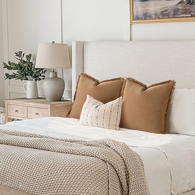 ZWJD Pillow Covers 26x26 Set of 2 Camel Throw Pillow Covers with Fringe Chic Cotton Decorative Pillows Square Cushion Covers for Sofa Couch Bed Living Room Farmhouse Boho Decor