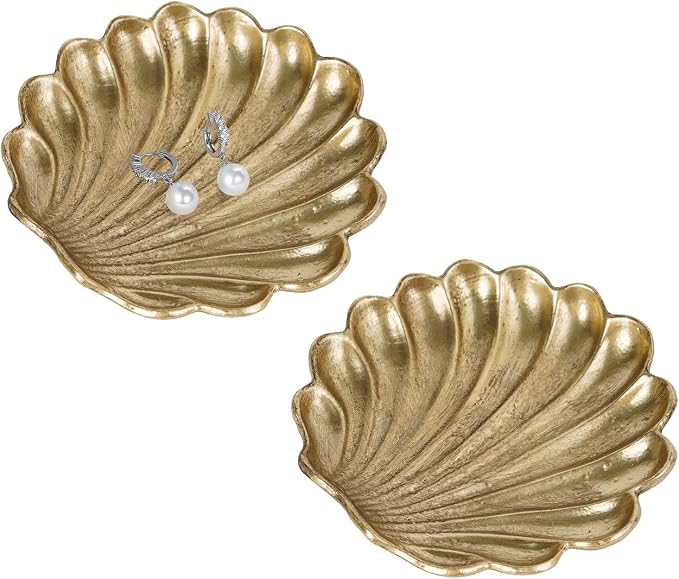 NIKKY HOME 2 Pack Seashell Ring Holder Jewelry Tray, Gold Trinket Dish | Coastal Small Metal Decorative Tray for Women, Elegant Storage Organizer for Vanity & Bathroom, Wedding & Engagement Gift