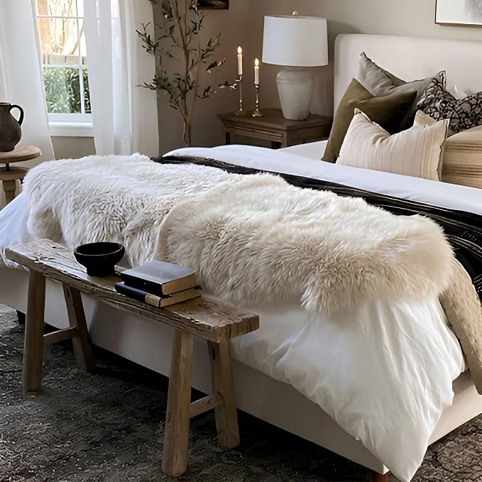Fluffy Patchwork Sheepskin Rug with Little Patches, Fuzzy Shaggy Fur Genuine Wool Area Carpet for Bedroom Living Room Floor, Pray Pup Mat, Chair Sofa Seat Cover, Cream Brown, 2' x 6'