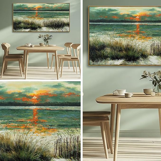 Kureful Green Abstract Wall Art Sunrise Beach Sea Ocean Sage Green Landscape Wall Decor Poster Pictures for Living Room Bedroom Dining Room 24"x48"