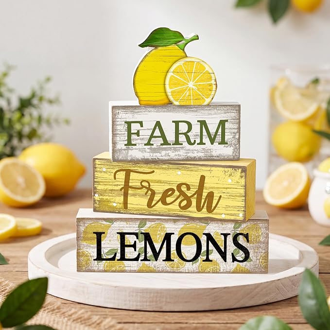 Moucuny 4 Pcs Summer Lemon Decor Wooden Lemon Tiered Tray Decor Farmhouse Rustic Lemons Table Decoration Lemons Book Block Summer Decoration for Home Office Kitchen Mantel Shelf