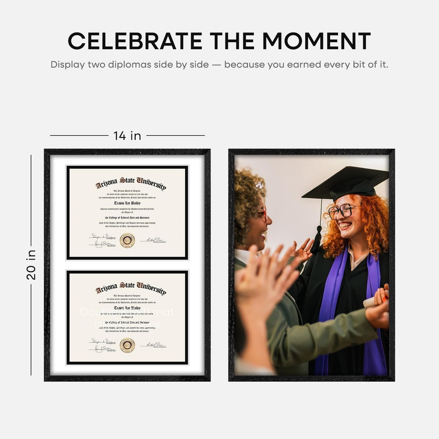 Homeforia 14x20 Double Diploma Frame, High End Oak 14 x 20 Black Wood Certificate Frames with Mat for Two 8.5x11 Diplomas, 20x14 Wooden Dual Award Graduation Frames, Tempered Glass, Wall Kit, Set of 1