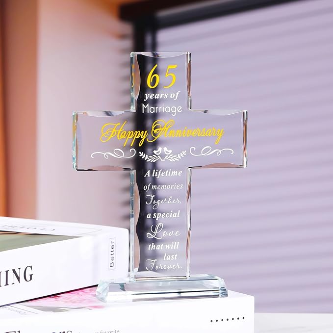 YWHL 65th Wedding Anniversary Cross Gifts for Parents Grandparents, 65th Anniversary Party Decoration, 65 Years of Marriage Glass Cross Keepsake for Couple