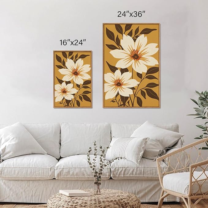 Rantodecor Large Vintage Floral Framed Canvas Wall Art Set, Mid Century Modern Wall Decor, Minimalist Retro Flowers Art Paintings, Beige Neutral Botanical for Bedroom Living Room Office 24"x36"x3