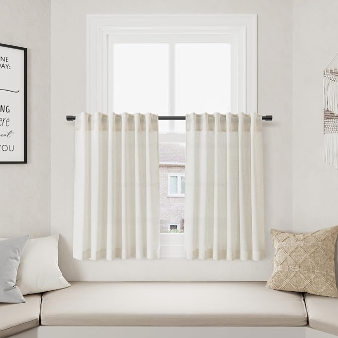 Nanspring Linen Kitchen Curtains 36 Inch Length Curtain Small Window Drapes Farmhouse Cafe Light Filtering Tiers Airy Flax Back Tab Rod Pocket Bathroom Over Sink 2 Panels Cream 38Wx36L