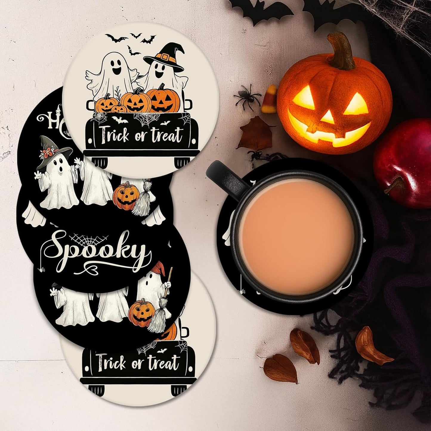 Coaster for Drinks Set of 6, Halloween Black and White Ghost Pumpkins Absorbent Round Ceramic Stone Mat, with Cork Base and Metal Holder, Gift for Housewarming Room Bar Decor