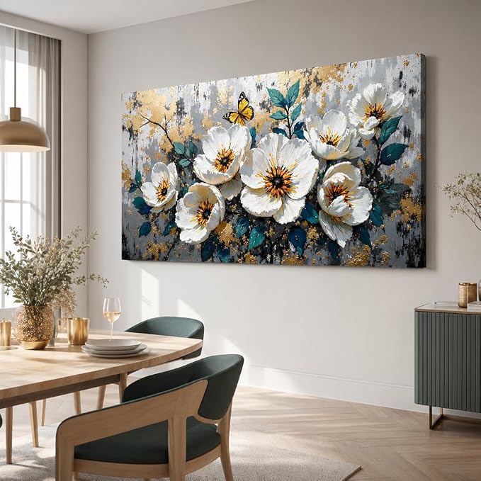 Wall Art Flower Abstract Canvas Painting Textured Picture, Modern Landscape Artwork Framed for Living Room Bedroom Bathroom Office Home Decor 40x20in