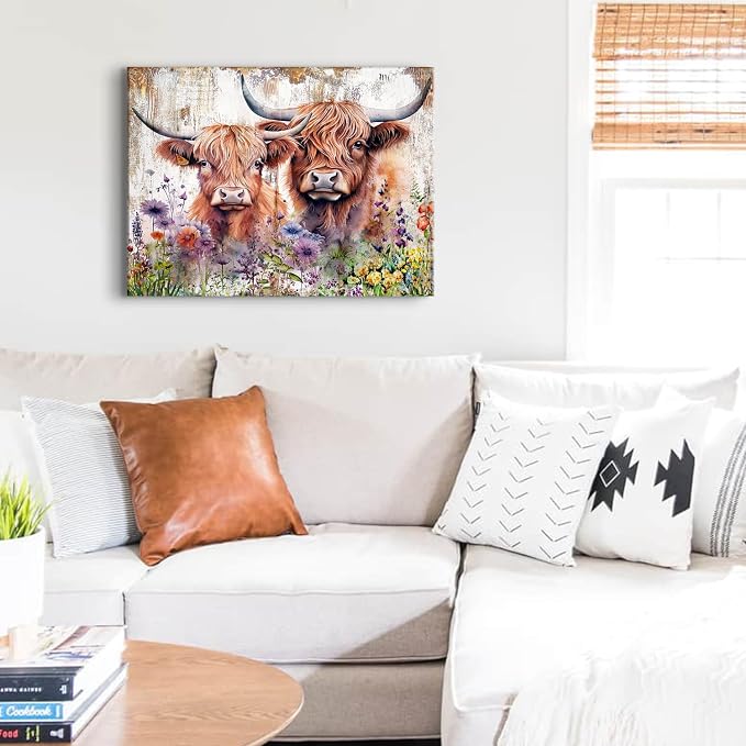 Cute Highland Cow Wall Art Rustic Cows Picture Wall Decor Nursery Room Decor Farmhouse Wildflower Scottish Cow Painting Bathroom Western Country Cattle Poster Artwork for Living Room Decoration 20x30"