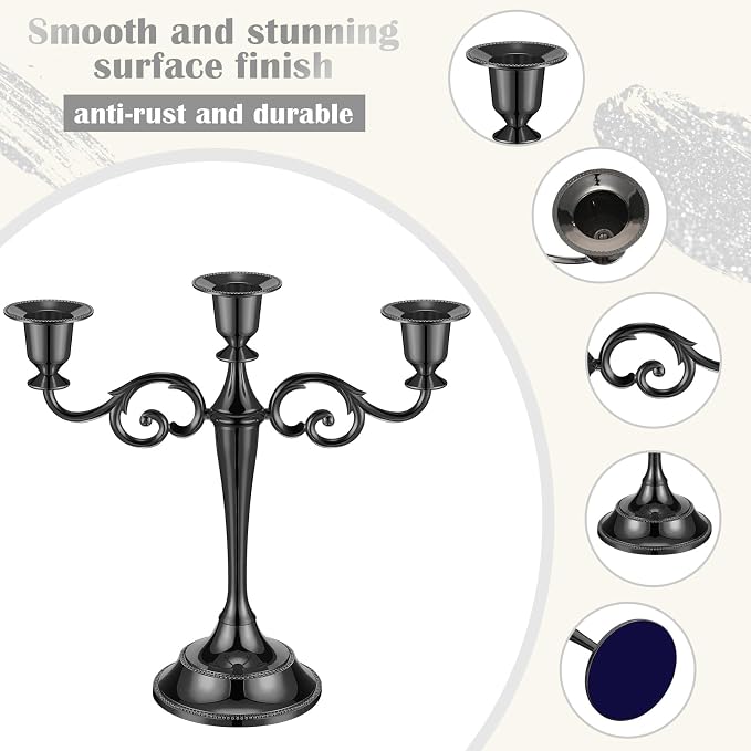 Dandat 3 Pcs 3 Arm Metal Candelabra Candlestick Holders Tall Candlestick Holders Gothic Candle Holder for Home Wedding Church Christmas Party(Classic,10 Inch,Black)