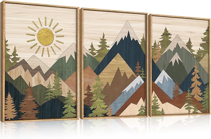 BICERE Large Abstract Mountain Woodcut Framed Canvas Wall Art,Vintage Pine Tree Wall Decor,Rustic Nature Forest Painting,Neutral Artwork for Living Room,Bedroom,Dining Room,Farmhouse -16"x24"x3