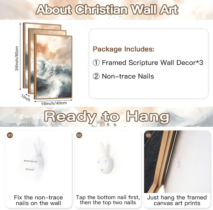 CHDITB Matthew 8:23-34 Jesus Calms The Storm Framed Canvas Wall Art(16"x24"), 3 Panels Watercolor Christian Bible Story Artwork Prints, Large Religious Faith LDS Decor for Home Office Bedroom