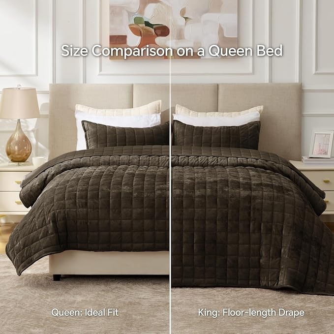 BEDELITE Velvet Quilt Set Queen Size - Luxury Soft Velvet Comforter Bedding Set for All Season, Lightweight Quilted Box Stitch Oversized Bedspread Coverlet with 2 Matching Shams, Mocha Brown