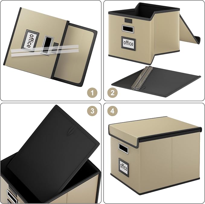 File Organizer Boxes with Lids, Collapsible Faux Leather Hanging File Folder Box Organizer with Plastic Slide, Decorative Home/Office Filing System Boxes for File and Folders Storage