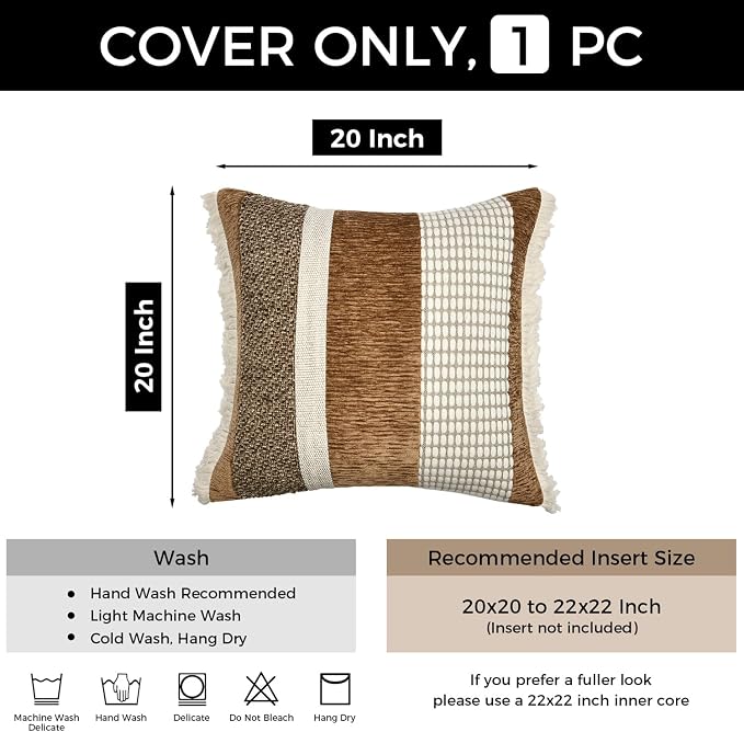 Burnt Orange Decorative Boho Throw Pillow Cover 20x20 | Modern Accent Square Pillows Cover with Handmade Drawn Work Tassel for Couch Bed Living Room Decorative