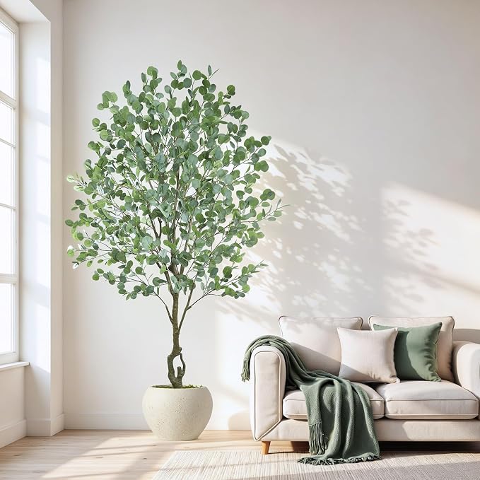 Caxchiling Large Artificial Eucalyptus Tree 7FT, Indoor Outdoor Faux Tree | Natural Trunk with White Planter for Home Office Living Room Front Door Decor
