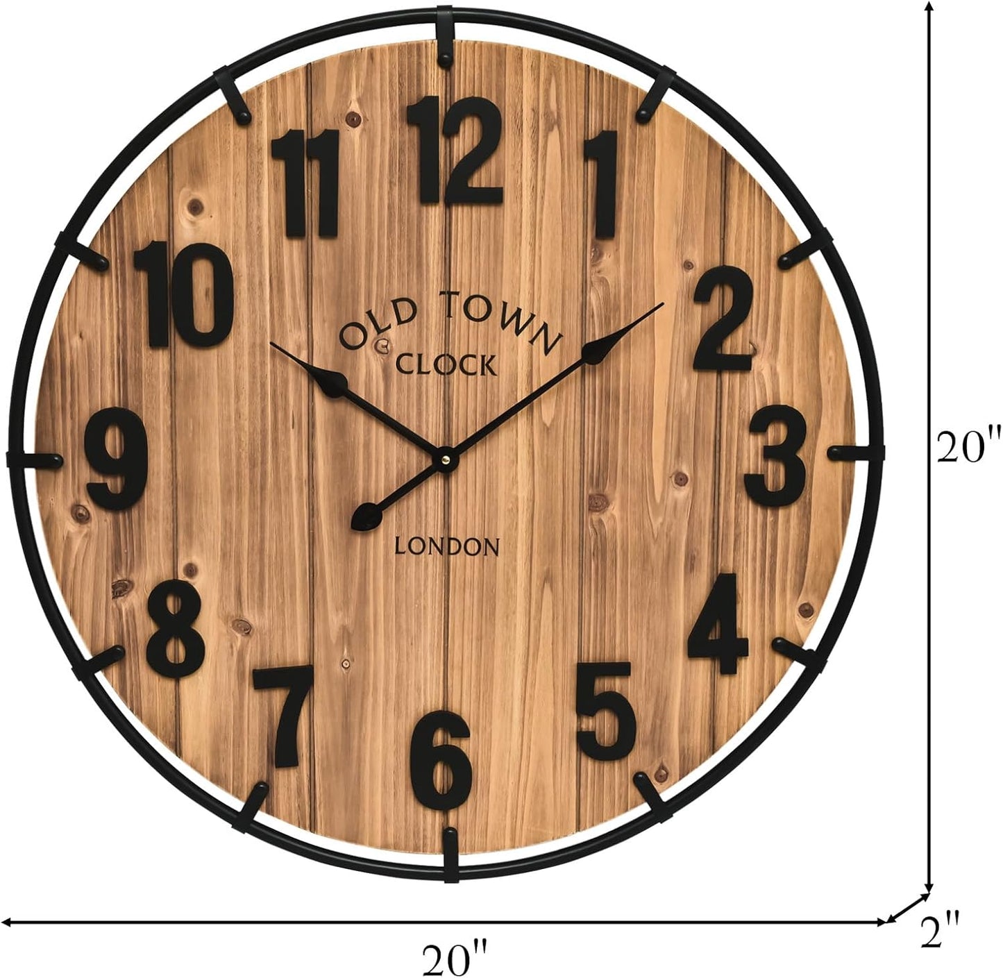 Large Old Town Farmhouse Wall Clock 20 Inches - Rustic Antique Wood with Metal Circle and Large Numerals Silent Battery Operated Wall Clock for Office Kitchen Bedroom Living Room