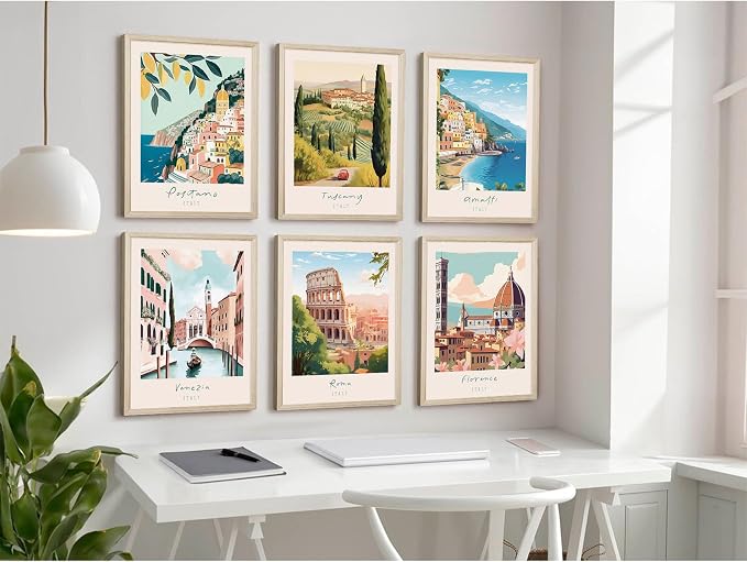 Italian Italy Wall Art Decor Amalfi Coast Travel Poster Italy City Canvas Wall Art Vintage Landscape Beach Painting Artwork Modern for Bedroom Living Room 8x10 Prints Wood Framed Set of 6