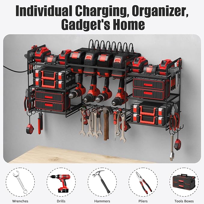 CCCEI Black Power Tool Organizer Wall Mount, Large Tools and Battery Storage Rack Charging Station Individual Switches. Drills Holder, Garage Utility Shelves with 10FT Power Strip. Gift for Men.