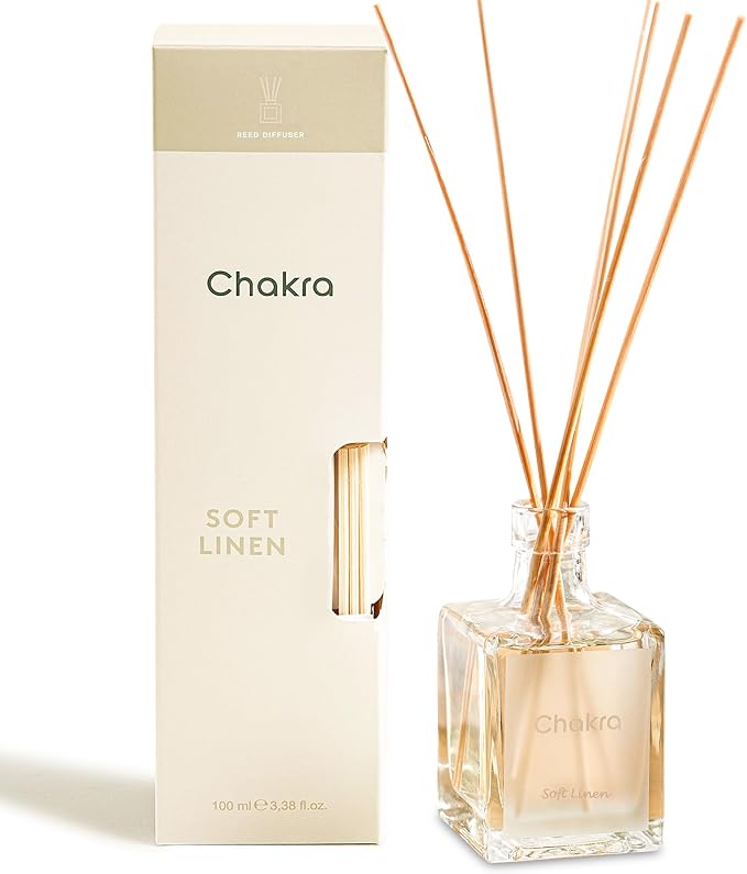 Chakra Reed Diffuser Set - Reed Diffusers for Home, Office and Living Spaces with Long-Lasting Fragrance, Scent Diffuser with Decorative Glass Bottle & Bamboo Sticks, 3.3 fl oz, Soft Linen