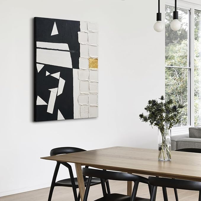 Modern Black & White Abstract 3D Textured Canvas Wall Art with Gold Leaf | Minimalist Geometric Hand-Painted Oil Painting Artwork, Large Original Wall Decor for Living Room Bedroom Office 24x36 Inch