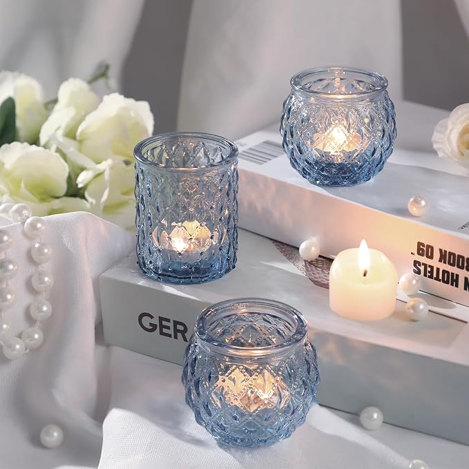 DARJEN Blue Votive Candle Holders Set of 36- Round Candle Holders Bulk, Glass Candle Holder for Wedding Home Decoration, Tea Lights Candle Holders for Wedding Shower, Party & Gift