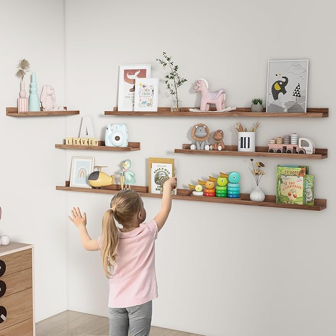 FLYJOE Picture Ledge Shelf, Floating Shelves Set of 2, 56 Inches Long Large Nursery Book Shelves for Toys Storage, Kids Bookshelf Wall Mounted for Living Room Bedroom Decor Books Photo Frames, Walnut