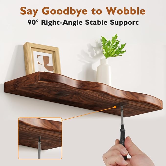Floating Shelves for Wall, 24 inch Rustic Wooden Floating Shelves, Wall-Mounted Floating Bookshelf, Hanging Shelves with Unique Natural Grain for Living Room, Bedroom, Kitchen (Walnut Color)