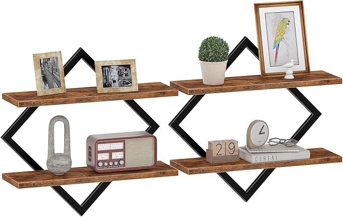 CHOEZON Floating Shelves, Set of 2 Wall Shelves, 2-Tier Hanging Shelves, Wall Shelf Set of 2, Wall Mounted Shelves, for Living Room, Bedroom, Kitchen, Office, Study, Rustic Brown TBJ01P2BF