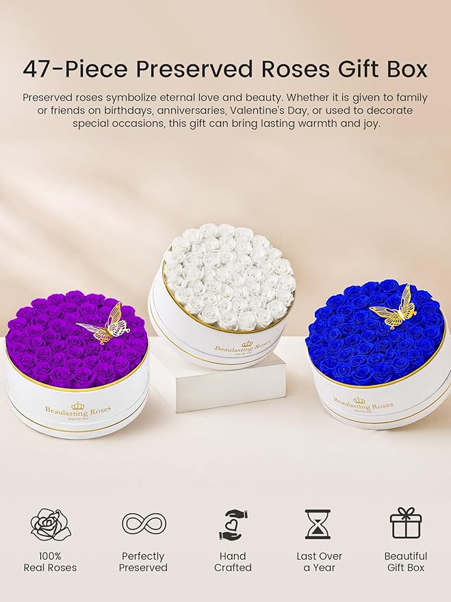 47 Preserved Roses Forever Flowers Real Roses in a Box Mother's Day Birthday Flowers for Her Mom Women Wife Valentine's Day, Purple Roses