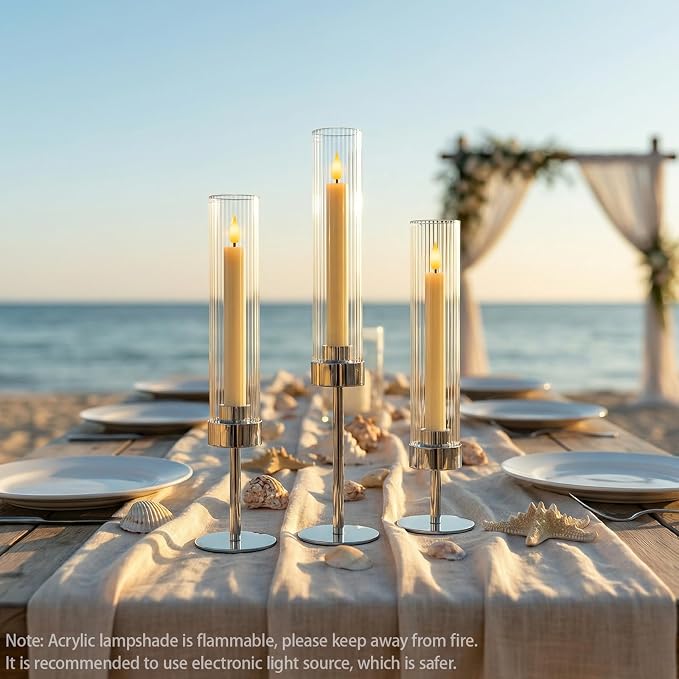 Metal & Acrylic Taper Candle Holders Set of 3 with Ribbed Design - Hurricane Clear Cylinder Candelabra for Wedding, Christmas, Party, Dining Table Centerpiece Decor (Silver, Set of 3)