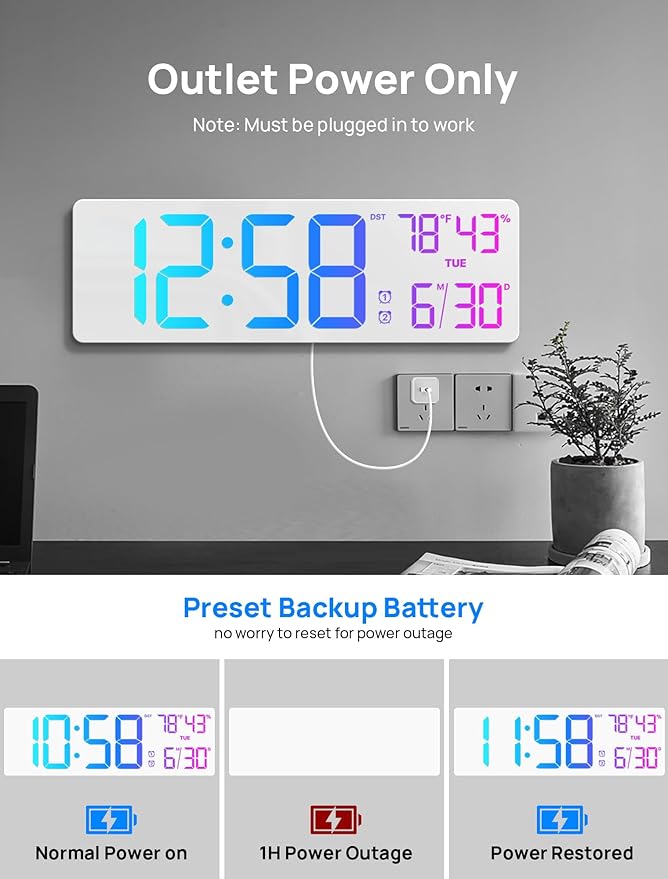 18.5" Large Digital Wall Clock with Remote Control, Big LED Display Digital Clocks with Night Light, Alarm, Countdown, DST, Temp, Date for Living Room, Bedroom, Office, Gifts for Seniors(White)