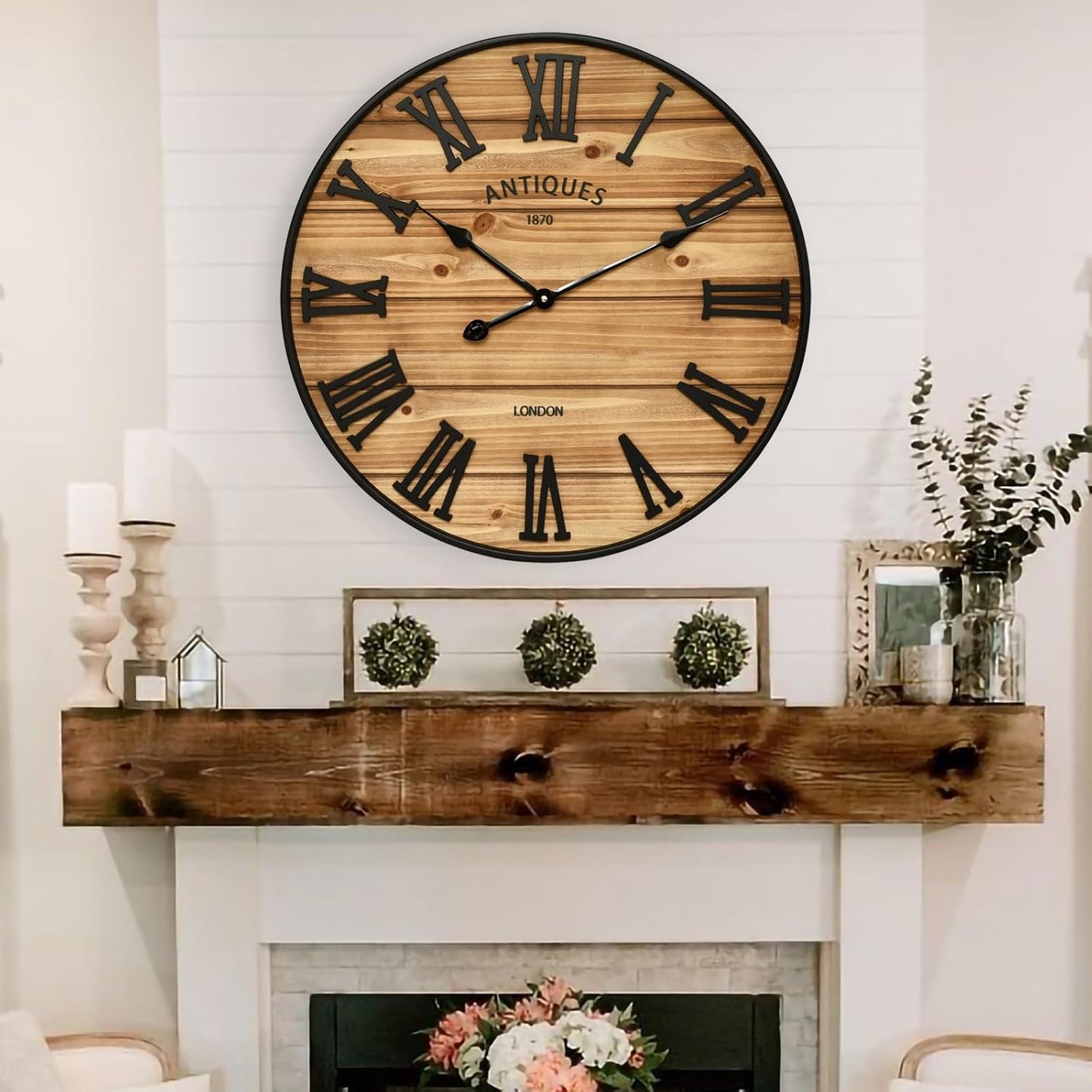 24 Inch Farmhouse Wall Clock - Antique Rustic Wood Finish, Silent Battery-Operated Timepiece with Stylish Decor for Home, Office, Kitchen, Bedroom & Living Room