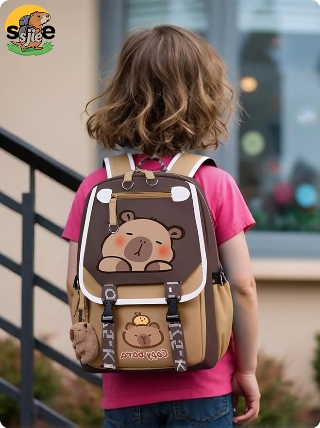 Waterproof Capybara Backpack,Large-capacity Kawaii capybara bag with 11-Piece Accessories (Badges, Pendants, Plush capybara, Stickers and others)