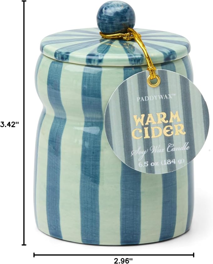 Paddywax Cabana Hand-Painted Scented Candle with Lid in Ceramic Reusable Jar, Clean-Burn Soy Candle, Warm Cider Scent, Approx. 42 Hour Burn Time, 6.5 oz